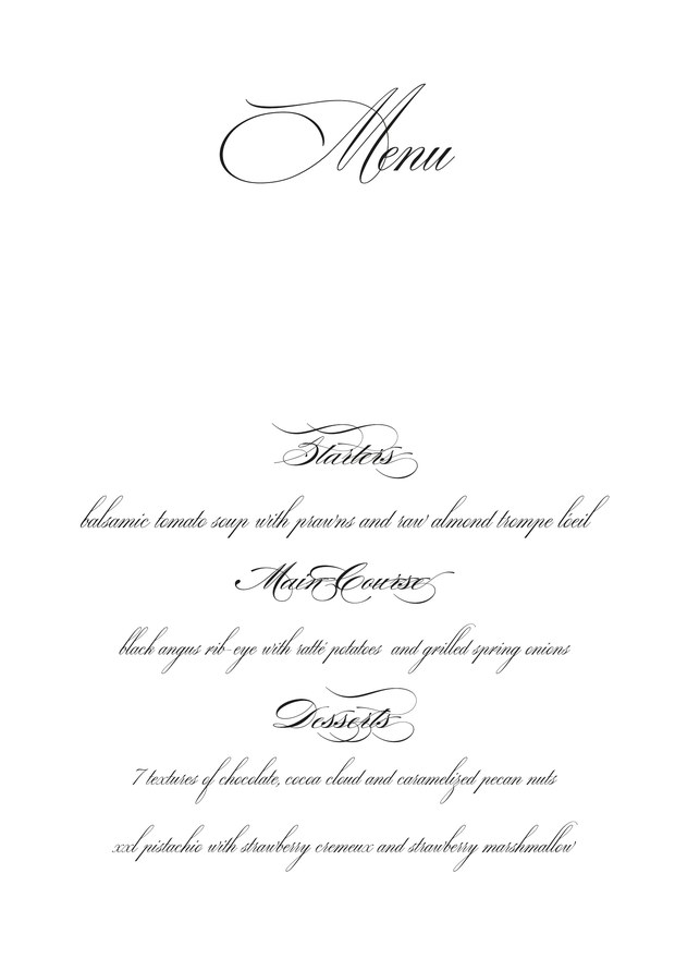 Dinner menu — starters, main course and desserts
